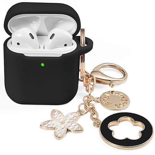 OLEBAND Case Fit for Airpod Case 1st/2nd Generation with Cute Bling Keychain,iPods Silione Cover Compatible for Apple Air pod/iPod 2 and 1 Gen Case,LED Visible,for Women and Girls,Black