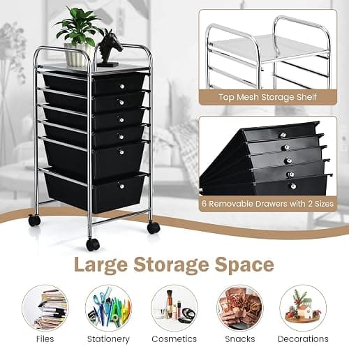 COSTWAY 6-Drawer Rolling Storage Cart, Multifunctional Art Craft Tools Organizer on Wheels, Heavy Duty Utility Mobile Storage Trolley w/ 2 Lockable Wheels for Home Office School (Black) thumbnail 4
