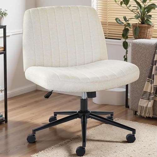 DUMOS Criss Cross Chair with Wheels, Wide Cross Legged Office Desk Vanity Chairs, Fabric Armless Adjustable Swivel Chairs for Home Computer Task, Beige - Image 1