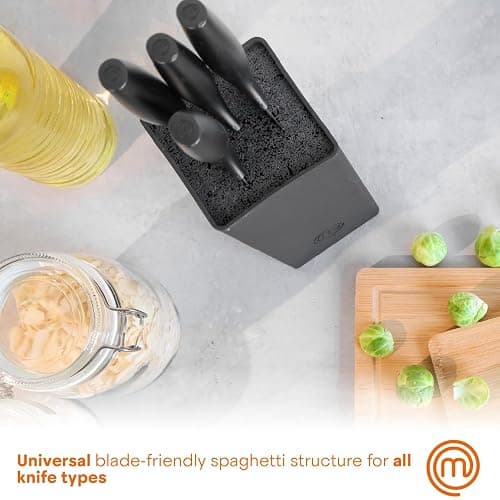 MasterChef Knife Set with Block, 5 Kitchen Knives with Sharp Stainless Steel Blades (Chef, Paring, Utility, Carving, Bread) Soft Touch Easy Grip Handles & Universal Knife Holder, Essential Black - Essential thumbnail 5