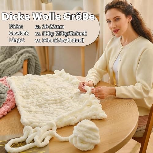 Ecowiaye 2 Stück Dicke Wolle, 500g Chunky Yarn Armstricken Wolle, Dickes Garn zum Häkeln, Flauschig XXL Häkelwolle zum Handstricken für Decke, Schals, Mützen, Haustier Nest (Beige) thumbnail 2