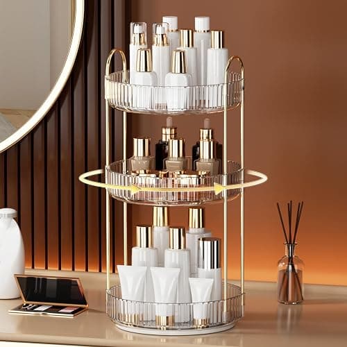 YCIA&DONE 360 Rotating Makeup Organizer and Storage for Vanity Countertop 3 Tiers, High Capacity Cosmetic Skincare Perfume Organizers for Dresser Bathroom Lazy Susan (Clear White) thumbnail 6