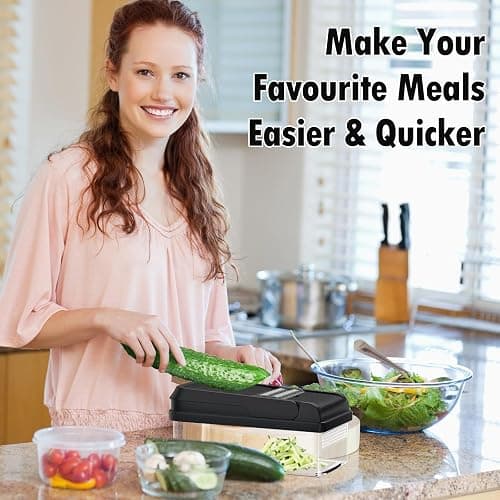 SpaceHacks 12-in-1 Vegetable Chopper, Kitchen Gadgets with 7 Blades, Veggie, Food, Onion Chopper, Cucumber Slicer, Versatile Mandoline, Includes Egg Separator & Finger Guard, Gray thumbnail 7