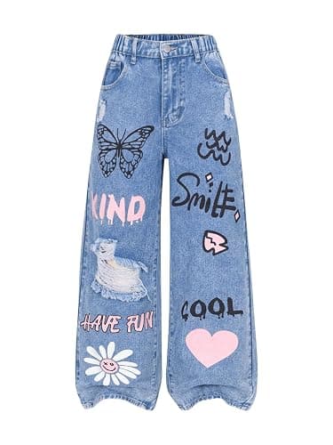 Floerns Girl's Heart Print Cute Ripped Baggy Jeans Straight Wide Leg Streetwear Denim Pants - Image 1