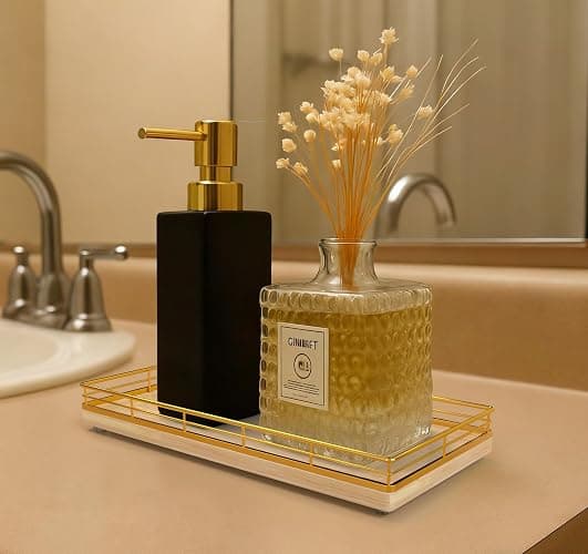 Bathroom Vanity Tray for Countertop, 12" x 6" Oak Wood Toilet Tank Tray with Metal Guardrail, Bathroom Organizer for Soap, Perfume & Skincare, Non-Slip Decorative Tray for Dresser, Gold & Natural Oak thumbnail 2
