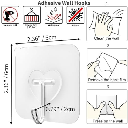 DGYB 20 Pcs Clear Adhesive Hooks for Hanging 22lb Self Adhesive Wall Hooks Heavy Duty Waterproof Transparent Sticky Hooks for Shower Home Bathroom Kitchen Office thumbnail 3