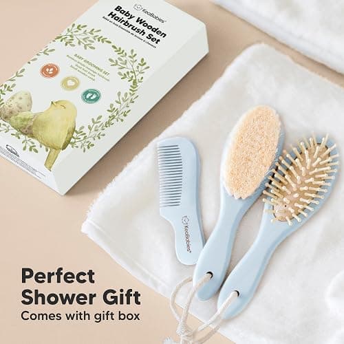 Baby Hair Brush Set for Newborns - Soft Goat Bristle Wooden Baby Brush and Comb Set Newborn Grooming Kit for Cradle Cap, Durable & Gentle, Boy, Girl Infant Essentials Care Kit (Oval, Frost) thumbnail 9