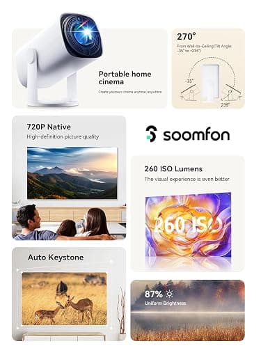 SOOMFON Mini Projector 1080P Support - Portable Small Video Movie Projector Bluetooth 5.1 Auto Keystone Electric Focus for Bedroom/Wall/Home/Outdoor/iPhone/Android/TV Stick thumbnail 2