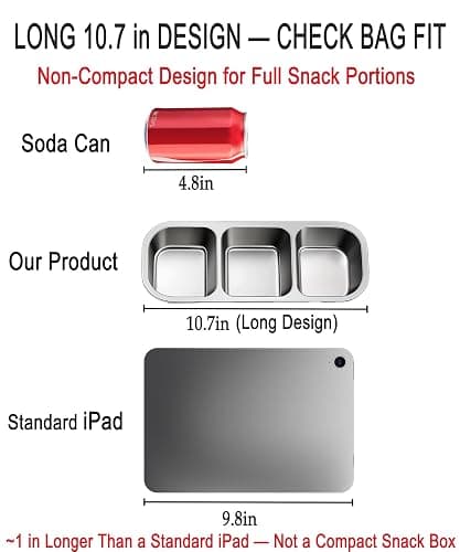 3-Pack Stainless Steel Snack & Lunch Containers for Kids & Adults, 20 oz | 3 Sealed Compartments, Dishwasher-safe, Leak-proof, Stackable, Clear lid, 10.7 in long, For daycare, school, work & travel thumbnail 5