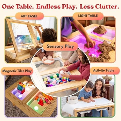 Mama Bear Educational Montessori Sensory Table & Art Easel for Kids & Toddlers | Folding Extendable Legs & Storage Bins, Magnetic Boards & Tiles, Light Box Included | Space-Saving Indoor/Outdoor Play thumbnail 3