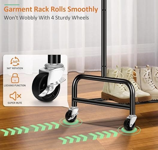SLEEPING LAMB Heavy Duty Clothing Racks for Hanging Clothes Rack, 43" Wide Rolling Garment Rack Metal Clothing Hanger Rack with Wheels Wardrobe Rack for Coats, Shirts, Dress, (Black) - Black - Single Rod thumbnail 5