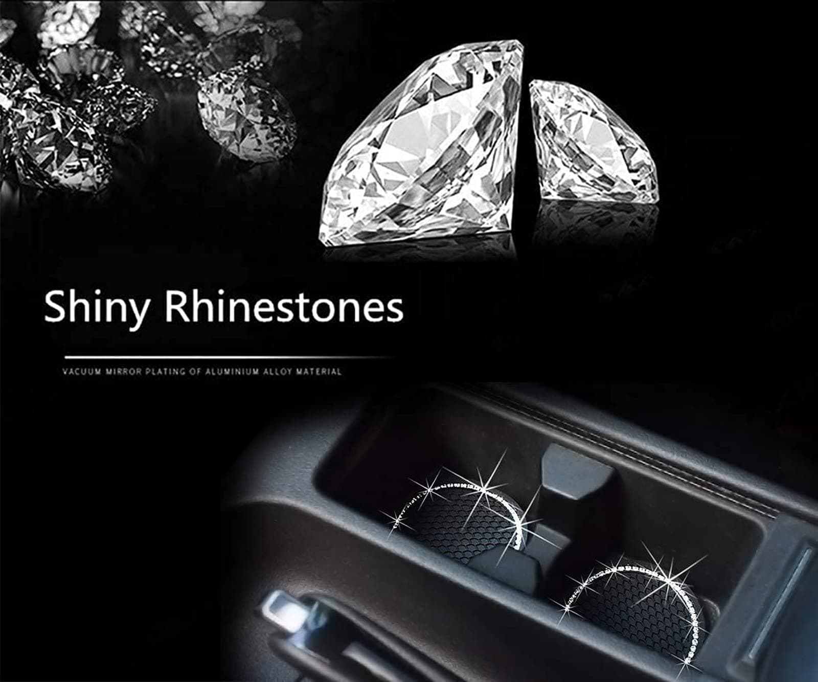 2 Pieces Bling Silicone Anti-Slip Cup Holder Insert Coaster and Engine Ignition Button Ring - Car Interior Accessories With Crystal Rhinestone (Black) thumbnail 6