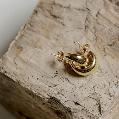 PAVOI 14K Gold Plated 925 Sterling Silver Posts Thick Dome Huggie Earrings for Women | Small Wide Round Hoop Earrings - Gold Plated - Yellow Gold thumbnail 4