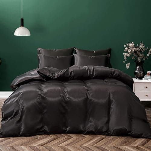 P Pothuiny 5 Pieces Satin Duvet Cover Full/Queen Size Set, Luxury Silky Like Black Duvet Cover Bedding Set with Zipper Closure, 1 Duvet Cover + 4 Pillow Cases (No Comforter) thumbnail 3