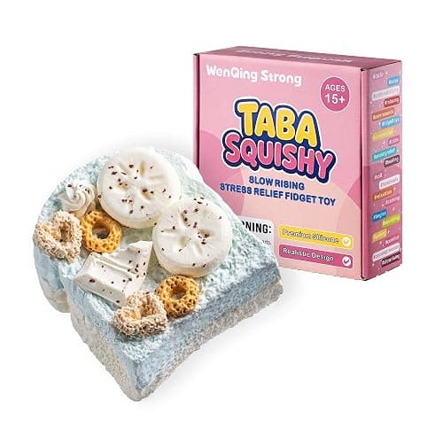 Squishy Cake Taba Squishy Toy, Slow Rising Squeeze Stress Relief Kawaii Blue Fidget Premium Silicone Handmade Realistic Dessert Design with Donuts and Chocolate Toppings Gift for Adults - Image 1