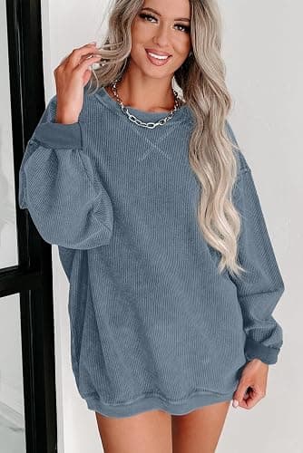 ONLYSTORY Womens Sweatshirts Casual Cored Corduroy Pullover Tops Oversized Long Sleeve Crewneck Shirts thumbnail 3
