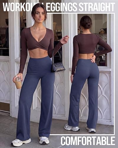 Coume 2 Pack Women Workout Leggings Straight Wide Leg No Front Seam Yoga Gym Pants High Waist Buttery Soft Stretch Leggings thumbnail 3