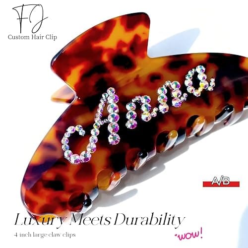 Personalized Colorful Name Hair Claw Clips for Women,Custom Hair Clips with Diamond,Cute Hair Accessories 4",Handmade Rhinestones Hair Clamp Gifts for Mom,Bride,Wife,Bridesmaid,Couples(Tortoise) thumbnail 4