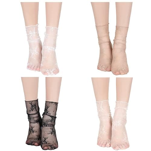Bencailor 4 Pairs Women Sheer Slouch Socks Lace Mesh Novelty Decorated Nylon Loose Ankle High - Image 1