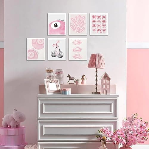 Cute Pink Girl Poster Set of 6, Light Pink Coquette Wall Art Trendy Lucky 8 Ball Wall Decor Paintings Pastel College Apartment Bedroom Living Room Dorm 8x10 inch Unframed thumbnail 5