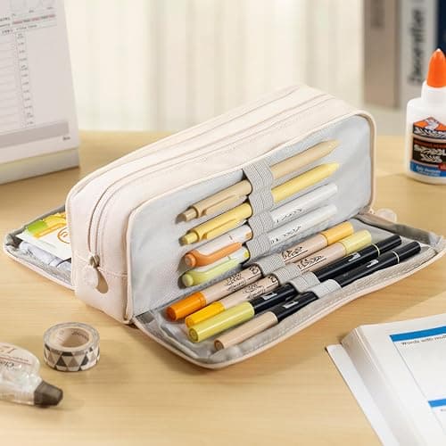 CICIMELON Large Capacity Pencil Case 3 Compartment Pouch Pen Bag for School Teen Girl Boy Men Women (Beige) thumbnail 6