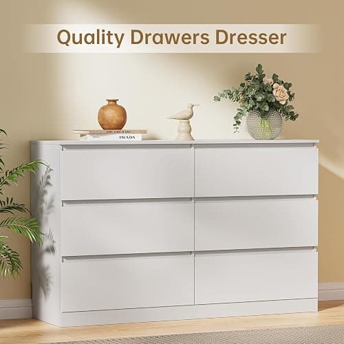 Dresser for Bedroom with 6 Drawers, 14.2" D x 47.2" W x 29.5" H, White | Modern Chest of Drawers with Hidden Drawer, Wood Storage Dresser, Storage Organizer for Living Room, Closet, Hallway thumbnail 7