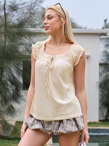 Tankaneo Women Summer Tie Front Tank Tops Cap Sleeve Pleated Babydoll Tops Casual Loose Fit Going Out Flowy Shirt thumbnail 4