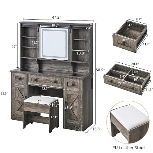 AMERLIFE 47.2" Farmhouse Vanity Desk with Mirror and Lights, Rustic Makeup Vanity Table with Charging Station, Vanity Set with Stool & Storage, LED Sliding Mirror & Glass Top, Dark Oak Finish thumbnail 2
