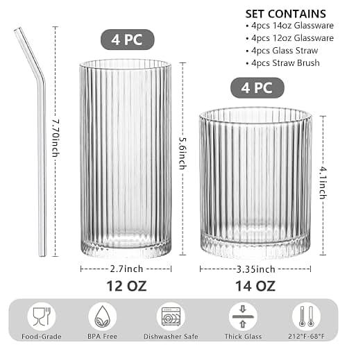 INSETLAN Set of 8 Vintage Glassware - 4 Highball Glasses 12 oz, 4 Rocks Glass Cups 14 oz, Ribbed Glassware Cocktail Glasses, Ideal for Wine, Juice, Water, Ice Coffee Cup, Whiskey, Mixed Drinkware thumbnail 3
