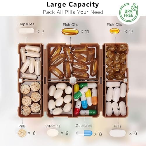FYY Daily Pill Organizer, 7 Compartments Portable Travel Pill Case, [Folding Design] for Purse Pocket to Hold Vitamins,Cod Liver Oil,Supplements and Medication-Brown thumbnail 2