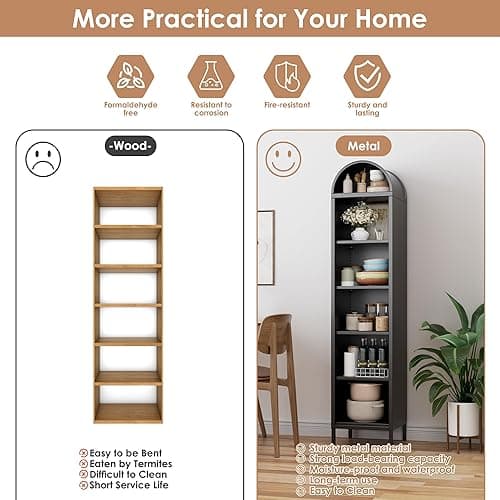 METALYEYE 73''H Narrow Arched Bookshelf,6-Tier Metal Arch Bookcase,Freestanding Storage Organizer with 4 Shelves,Open Display Shelves for Living Room,Entryway,Bathroom,Black,Assembly Required thumbnail 8