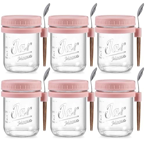 6 Pack Overnight Oats Containers with Lids and Spoons, 16 oz Glass Mason Overnight Oats Jars, Large Capacity Airtight Jars for Milk, Cereal, Fruit(Pink) - Image 1