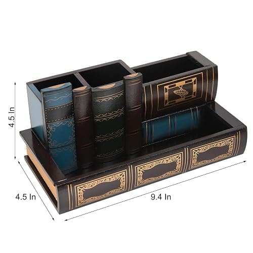 VERGOODR Decorative Pencil and Pen Holder with Storage Drawer, Wooden Desk Organizer Caddy, Antique Library Books Design Pen Cup for Office Supplies, Countertop, Desk,Table (Reddish brown) thumbnail 3