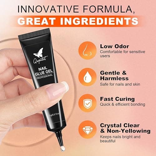 QZQETET Solid Nail Glue Gel 2PCS - Lamp Curing Nail Adhesive for Press On & Acrylic Nails, Clear U V/LED Nail Glue for 3D Nail Art & Chrome Powder & Rhinestone, Long Lasting Professional Salon thumbnail 2