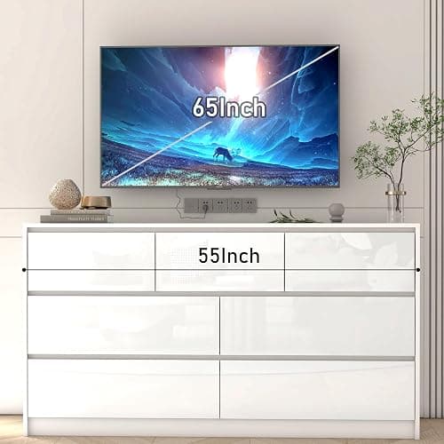 White Malm Dresser for Bedroom, 55 Inch Long Dresser High Gloss Dresser with 7 Drawers, Modern Large Wood Chest of Drawer Handle Free, Dresser for Kids Bedroom, Living Room, Entryway, Hallway, White - White thumbnail 6