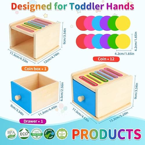 FCSONU Toddlers Montessori Coin Box Toys for 1 2 3 Year Old Boys Girls, Drawer Box Toy for Ages 2-4 Kids, Learning Color Sorting Sensory Toys, Easter Birthday Gifts for Baby 12-18 Months thumbnail 2