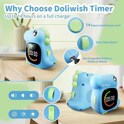 Visual Timer for Kids Light Blue Dinasuor Kids Timer Visual Led Rechargeable Toddler Timer Visual Countdown for Classroom Home Studing Playing thumbnail 7