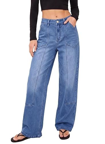 Sidefeel Women's Wide Leg Jeans High Waisted Stretchy Baggy Denim Pants | Patch Slant Pockets, Patchwork, Full Length, Boyfriend, Fashion Clothing, Western Outfit, Country Concert Outfits - Image 1