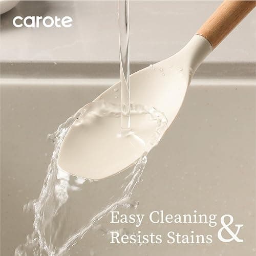 CAROTE Silicone Cooking Utensils Set, Kitchen Utensils Set 10 Pcs for cooking, BPA Free Spatula Set with Heat Resistant Wood Handles for Nonstick Cookware (Cream White) thumbnail 5