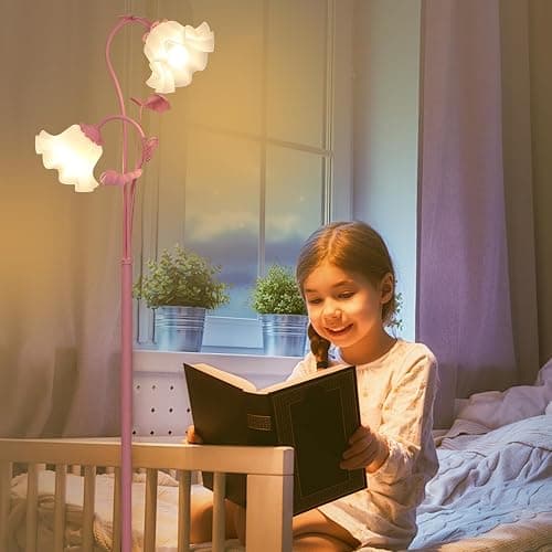 HMVPL Pink Flower Floor Lamp, Floral Standing Lamp with 2 LED 5W Blubs, Foot Switch, Modern Corner Tall Lamp with Acrylic Shade, Girls Cute Floor Lamp for Living Room Bedroom Office Kids Reading thumbnail 6