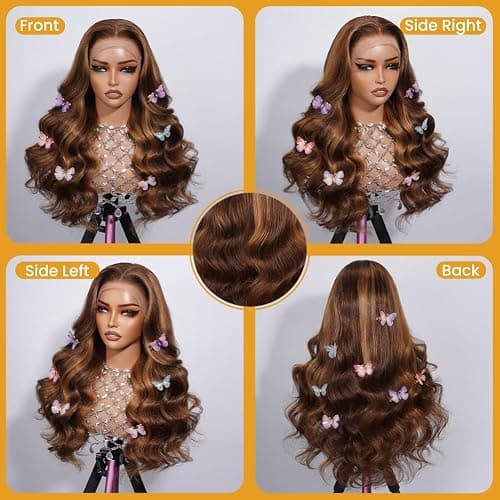 A FUTURE TONGMEI 4/27 Highlight HD Lace Front Wigs Human Hair Pre Plucked 13x4 Body Wave Frontal Wig with Baby Hair 180% Density Ombre Brown and Honey Blonde Human Hair Wigs for Black Women 22 Inch thumbnail 5