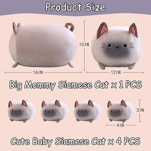 SQEQE Siamese Cat Plush, Cute Stuffed Animals Mommy with 4 Squishy Kitties, Soft Plushies Pillow Gifts for Kids thumbnail 3