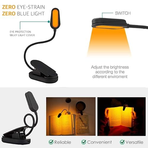 Amber Light + Giftable Amber Book Light - Blue Light Blocking - Night Reading Booklight Store. Rechargeable. 1600K for Reading in Bed at Night. Perfect as a Giftable Kindle Light and LED Book Light. thumbnail 6