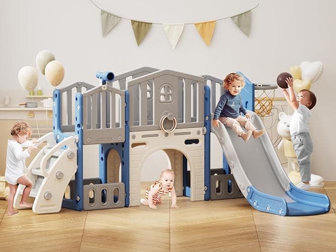 8 in 1 Toddler Slide Set, Kids Slide for Toddlers Age 1-3, Toddler Climber Slide PlaySet with Basketball Hoop and Ball, Outdoor Indoor Kids Playground for Toddlers 1-3, Blue Grey - Image 1