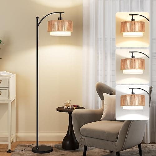 SUNMORY Floor Lamps for Living Room with 12W LED Bulb, Arc Floor Lamp with 3 Color Temperatures, Farmhouse Floor Lamps with Adjustable Rattan & Fabric Shades, Boho Standing Lamp for Bedroom, Corner thumbnail 9
