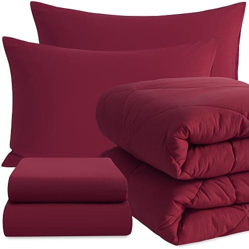 NTBAY Twin Comforter Set with Sheets, 5 Pieces Soft and Breathable Twin Bedding Set, Twin Bed in a Bag, Down Alternative Comforter Set Solid Color All Season, Kids Bedding Set, Wine Red - Image 1