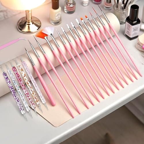 Nail Art Tools Set, Nail Art Kit for Beginners: 15 professional nail brushes for nail art, 5 precision dotting tools, 1 pink curved tweezers, Design Tools for Nail Tech & Beginners thumbnail 7