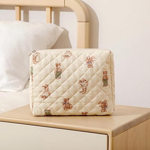 Quilted Cotton Makeup Bag 2Pcs Coquette Cosmetic Bag,Large Soft Floral Travel Toiletry Bag for Women and Girls (01Bear) thumbnail 5