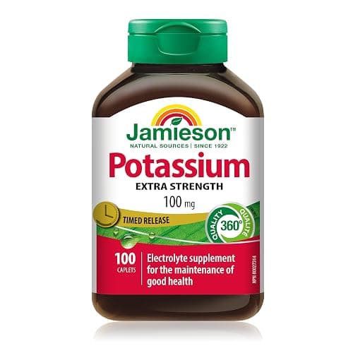 Jamieson Extra Strength Potassium 100 mg Timed Release, Supports Muscle and Nerve Function, Electrolyte Support, and Helps Prevent Potassium Deficiency. Vegetarian, Gluten-Free, 100 Caplets, Proudly Canadian - Image 1