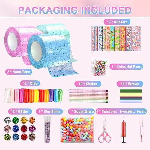HDAKDDHG Nano Tape Bubbles Kit, Nano Tape Kit for Kids, Nano Double Sided Tape for Making Bubbles, DIY Nano Tape Set with Clay Sequins Glitter Stickers Straws Pearl Chains and Sugar Grain thumbnail 2